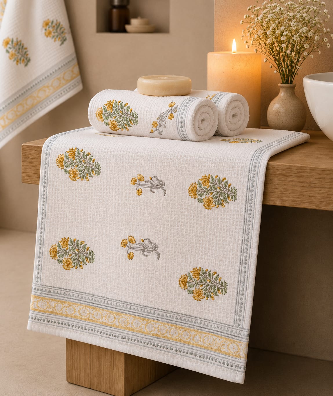 Waffle Handblock Printed Pure Cotton Bath & Hand Towels