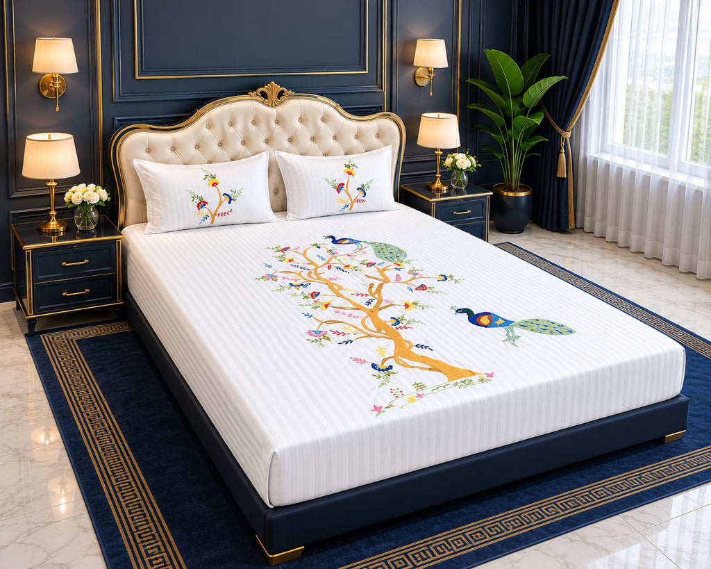 Fabby Peacock Embroider Double Bed King Size Bed Sheets