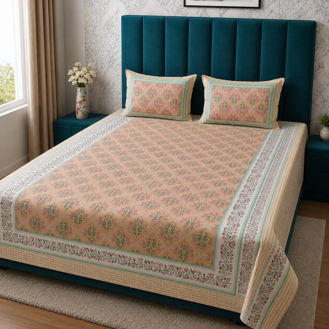 Gulbahar Single bed Pure Cotton Bedsheet with 2 pillow Covers