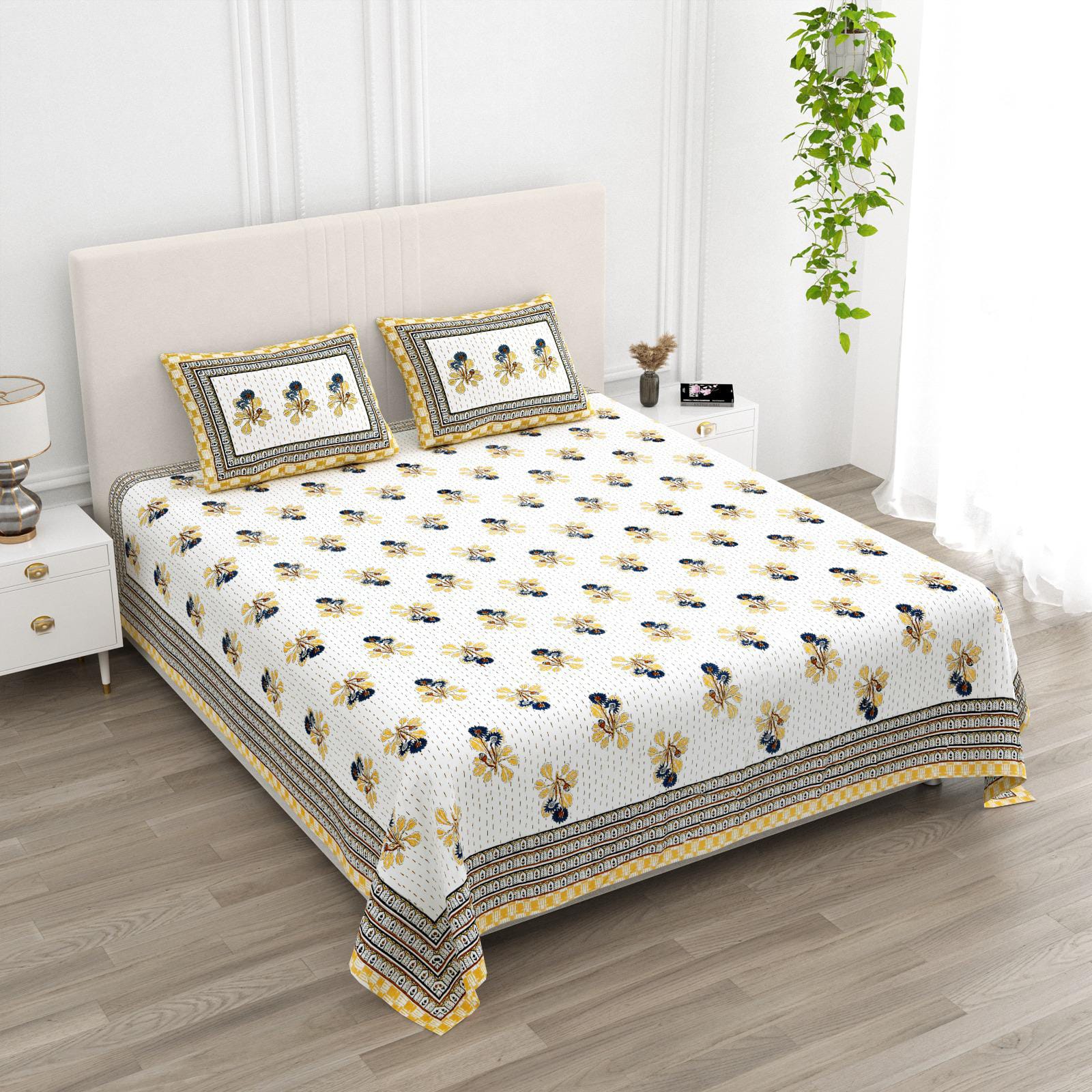 Anarkali Handblock Printed Pure Cotton King Size Bedsheet Set