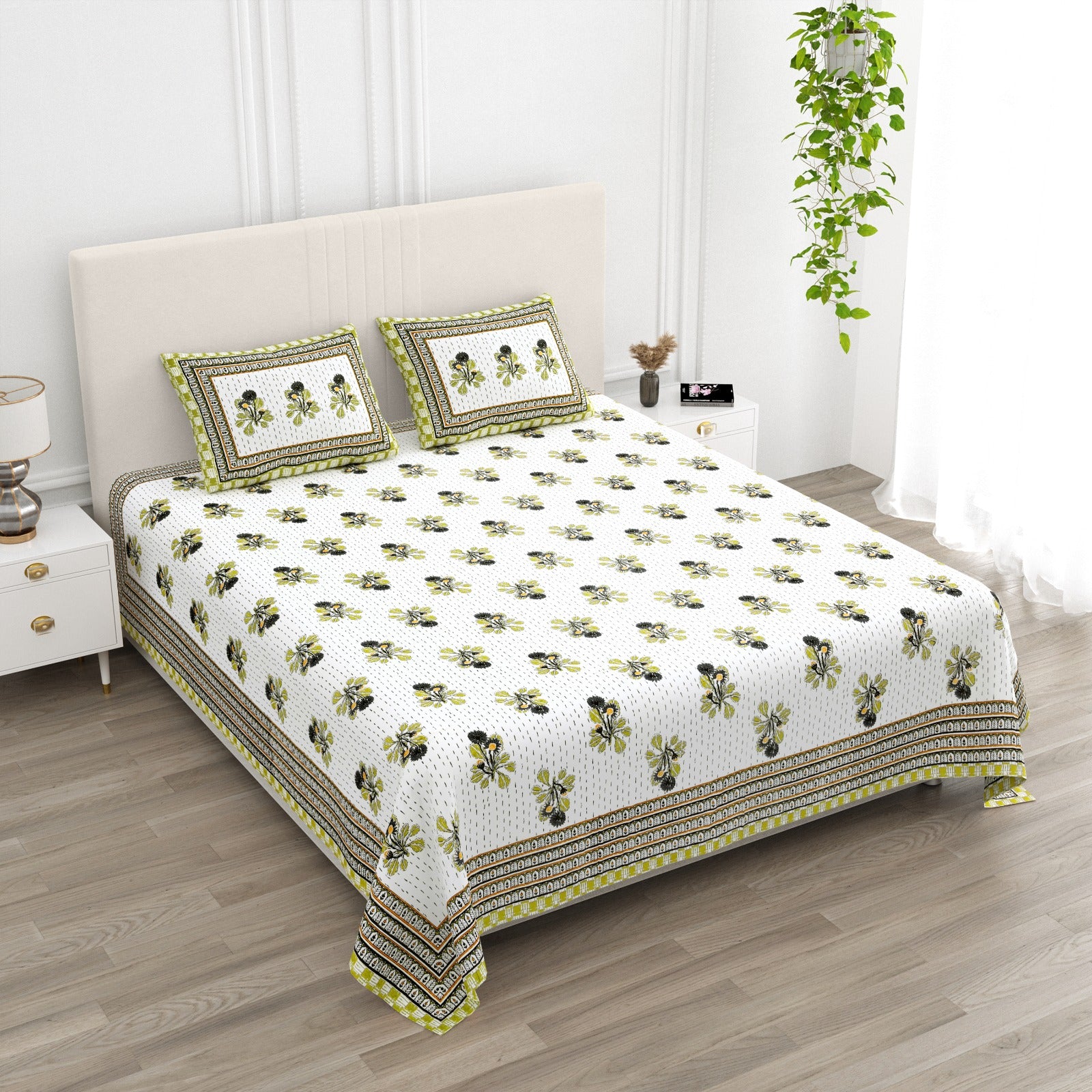 Anarkali Handblock Printed Pure Cotton King Size Bedsheet Set