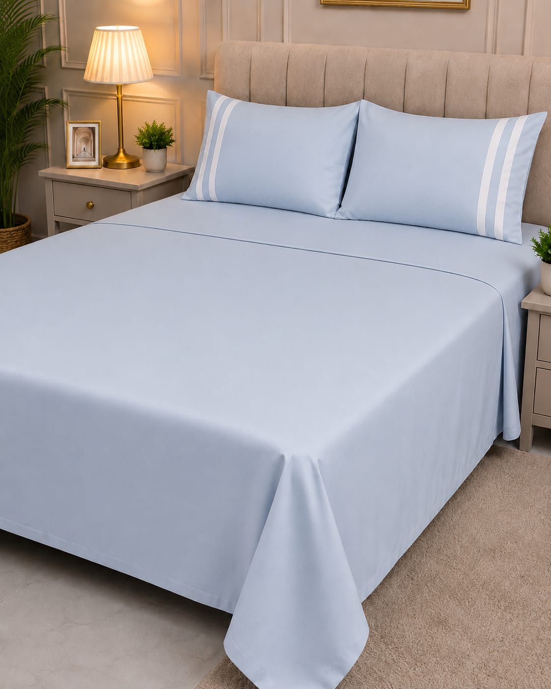 Premium Solid Light Blue King Size Cotton Bedsheet with 2 Pillow Covers