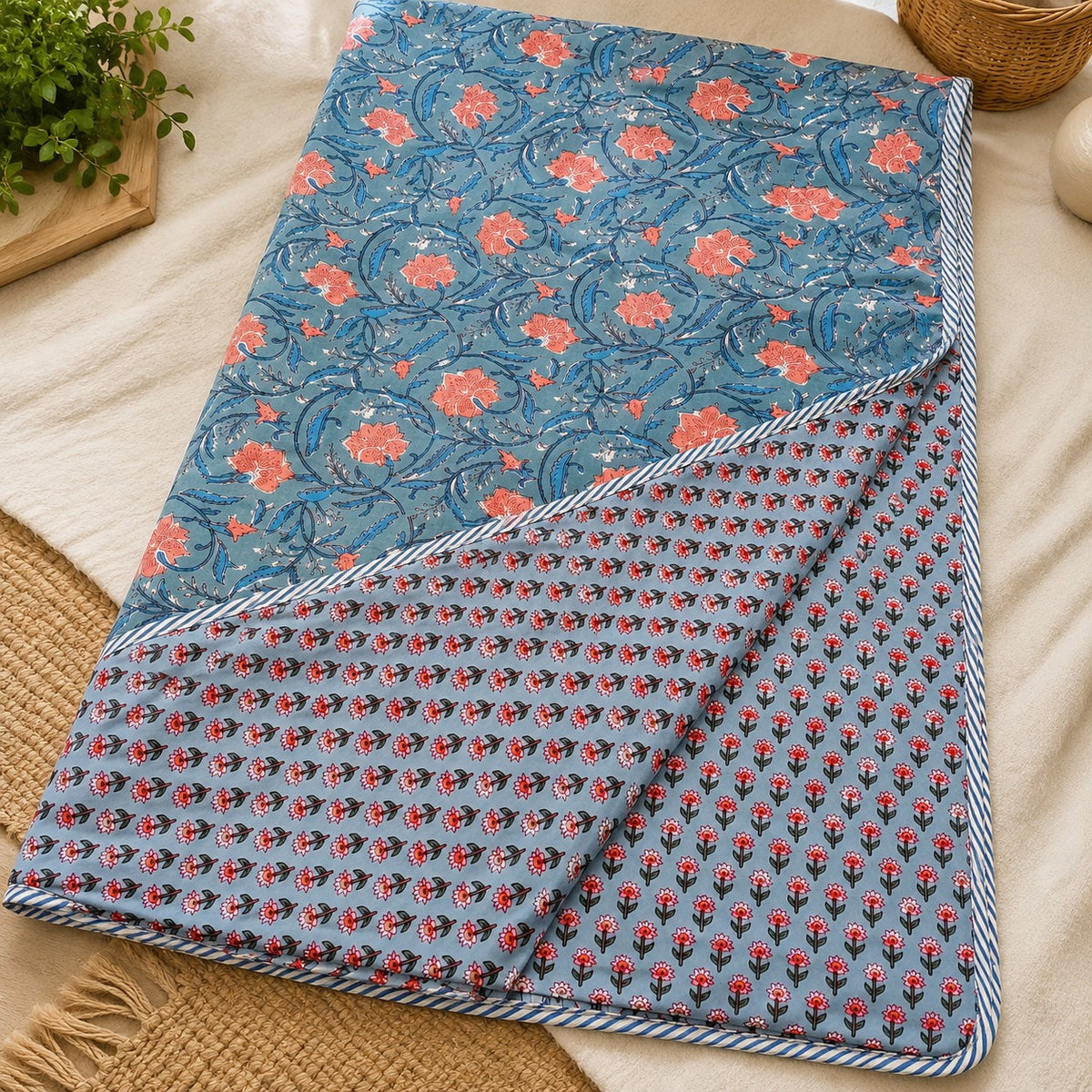 Rangoli Sky Blue Floral Handblock Printed Double Dohar