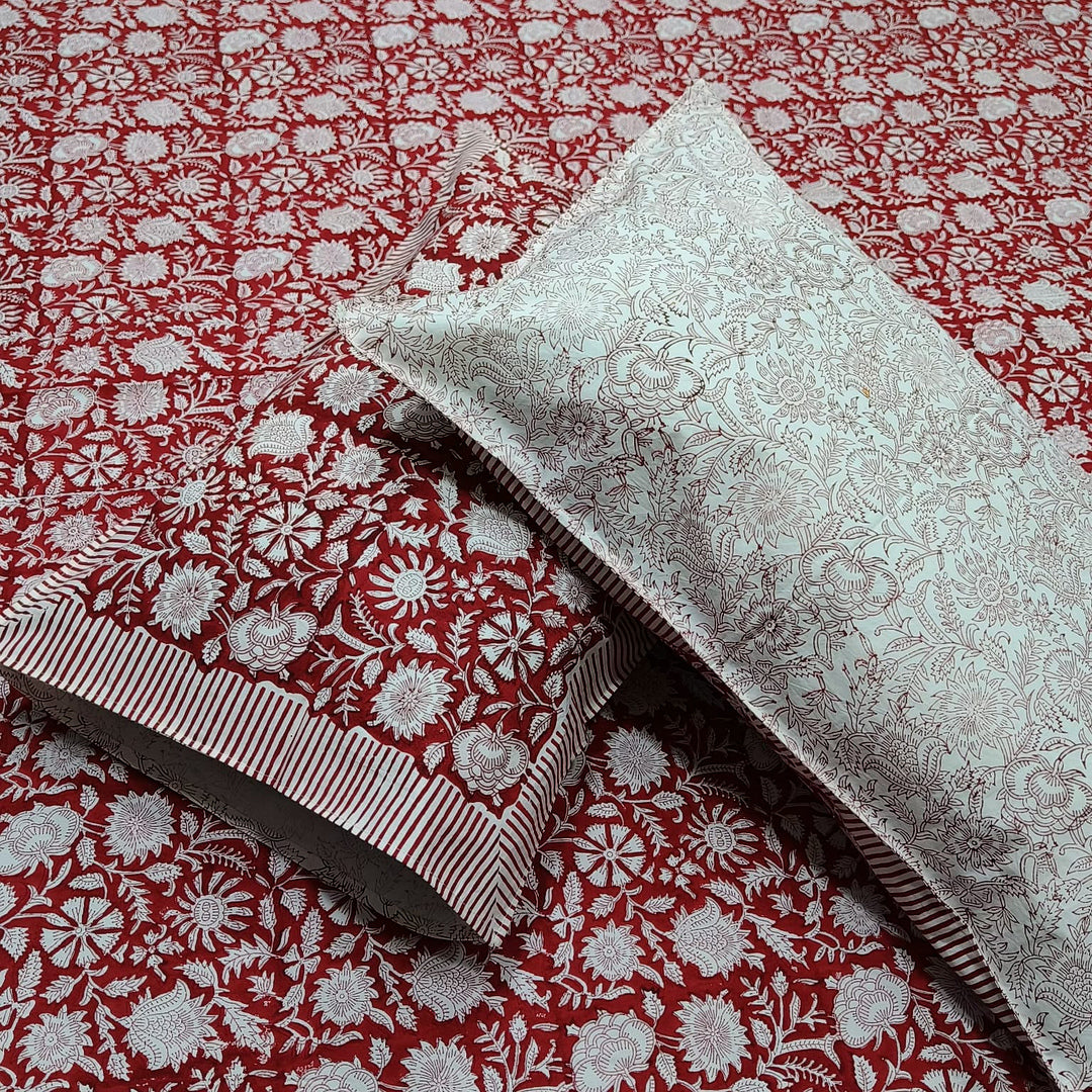 Percale Premium Maroon Floral Hand Block Printed Super King-Size Cotton Bedsheet (400TC)