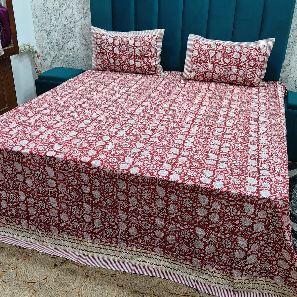 Percale Premium Maroon Floral Hand Block Printed Super King-Size Cotton Bedsheet (400TC)