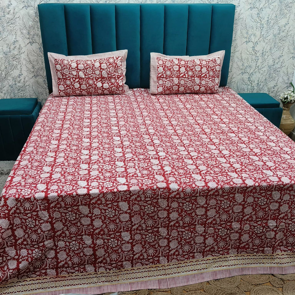 Percale Premium Maroon Floral Hand Block Printed Super King-Size Cotton Bedsheet (400TC)