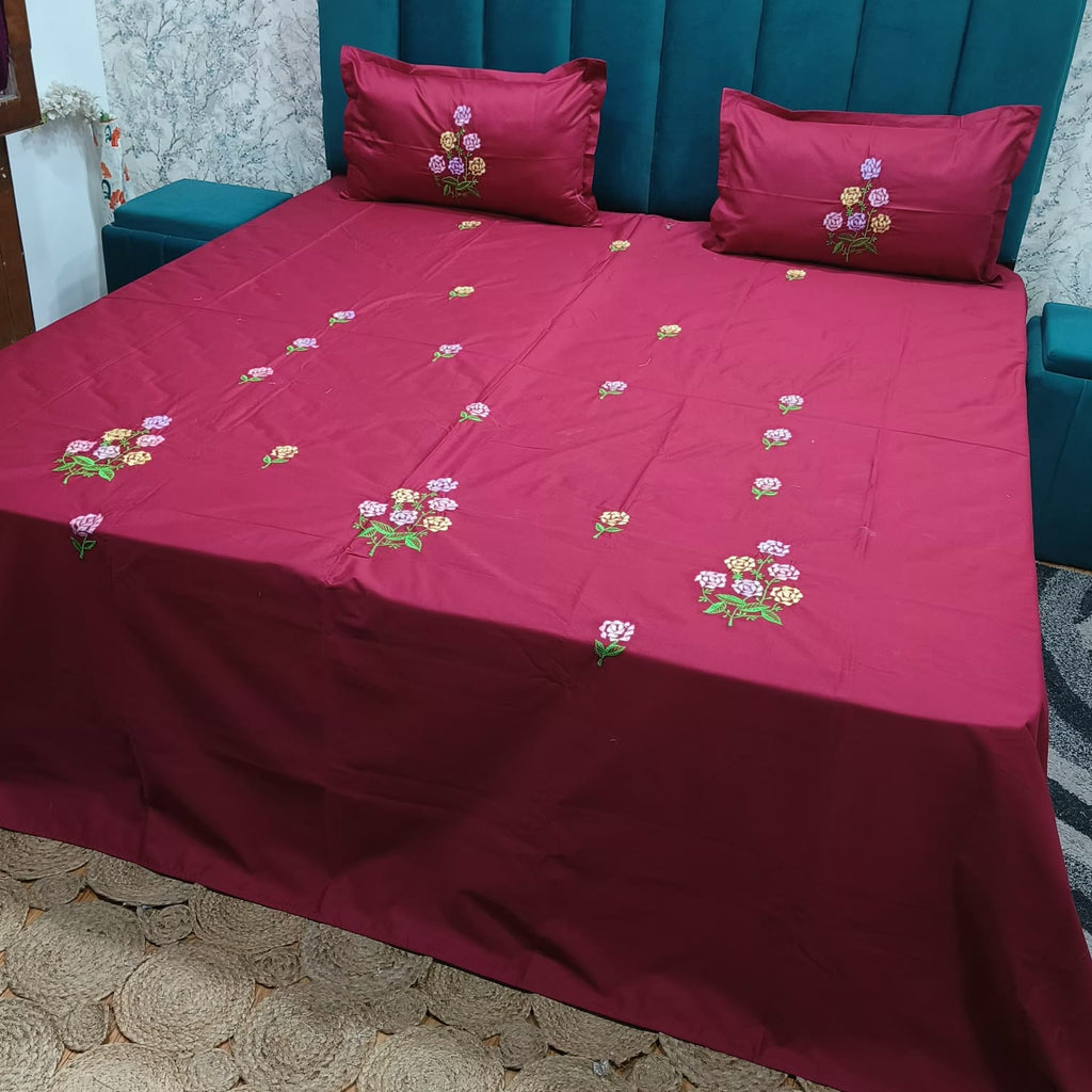 Roselyn Wine Red & Multicolor Floral Embroidered Pure Cotton King-Size Bedsheet