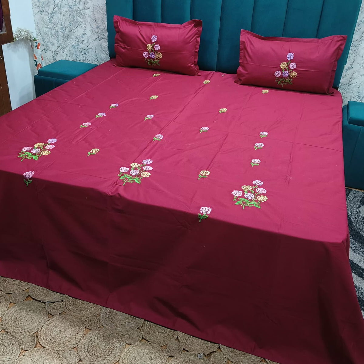 Roselyn Wine Red & Multicolor Floral Embroidered Pure Cotton King-Size Bedsheet