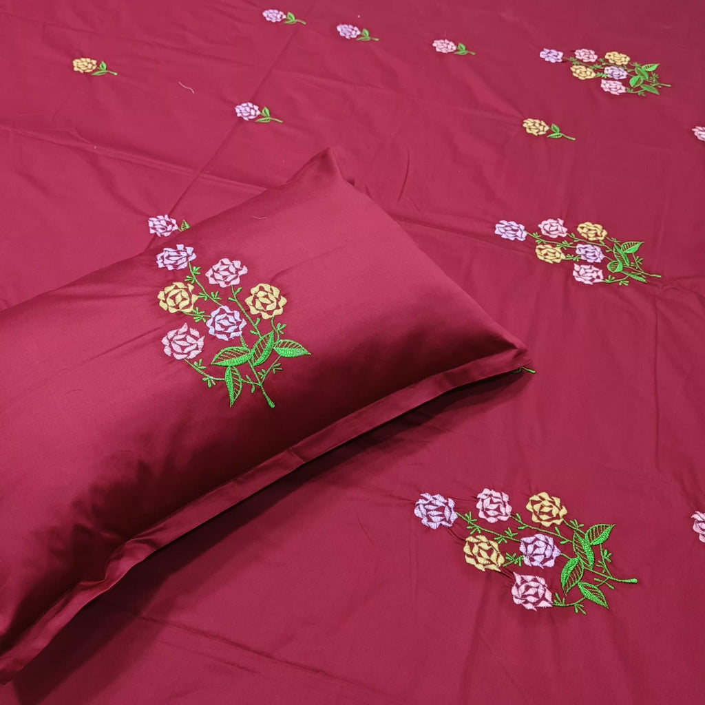 Roselyn Wine Red & Multicolor Floral Embroidered Pure Cotton King-Size Bedsheet