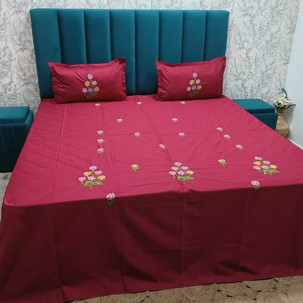 Roselyn Wine Red & Multicolor Floral Embroidered Pure Cotton King-Size Bedsheet