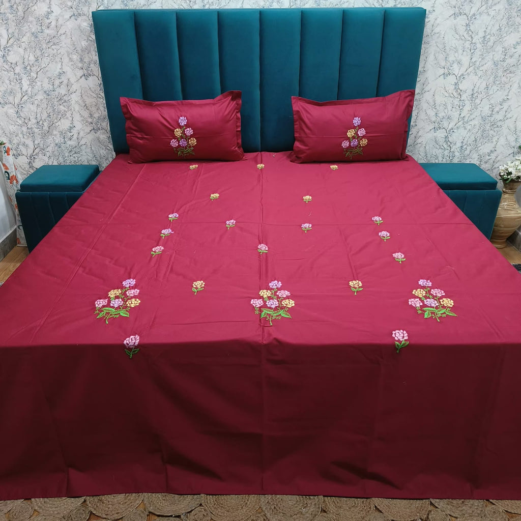 Roselyn Wine Red & Multicolor Floral Embroidered Pure Cotton King-Size Bedsheet