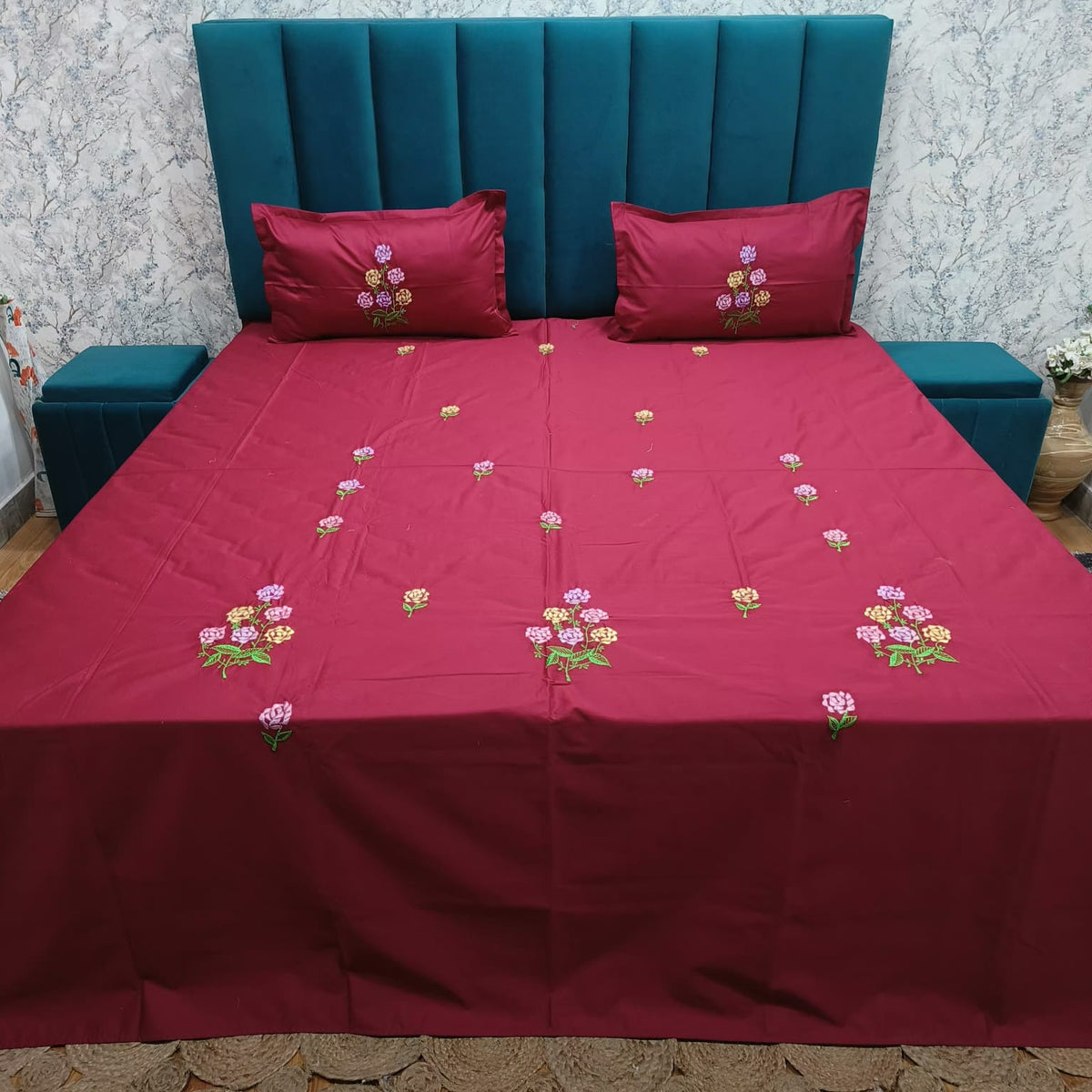Roselyn Wine Red & Multicolor Floral Embroidered Pure Cotton King-Size Bedsheet