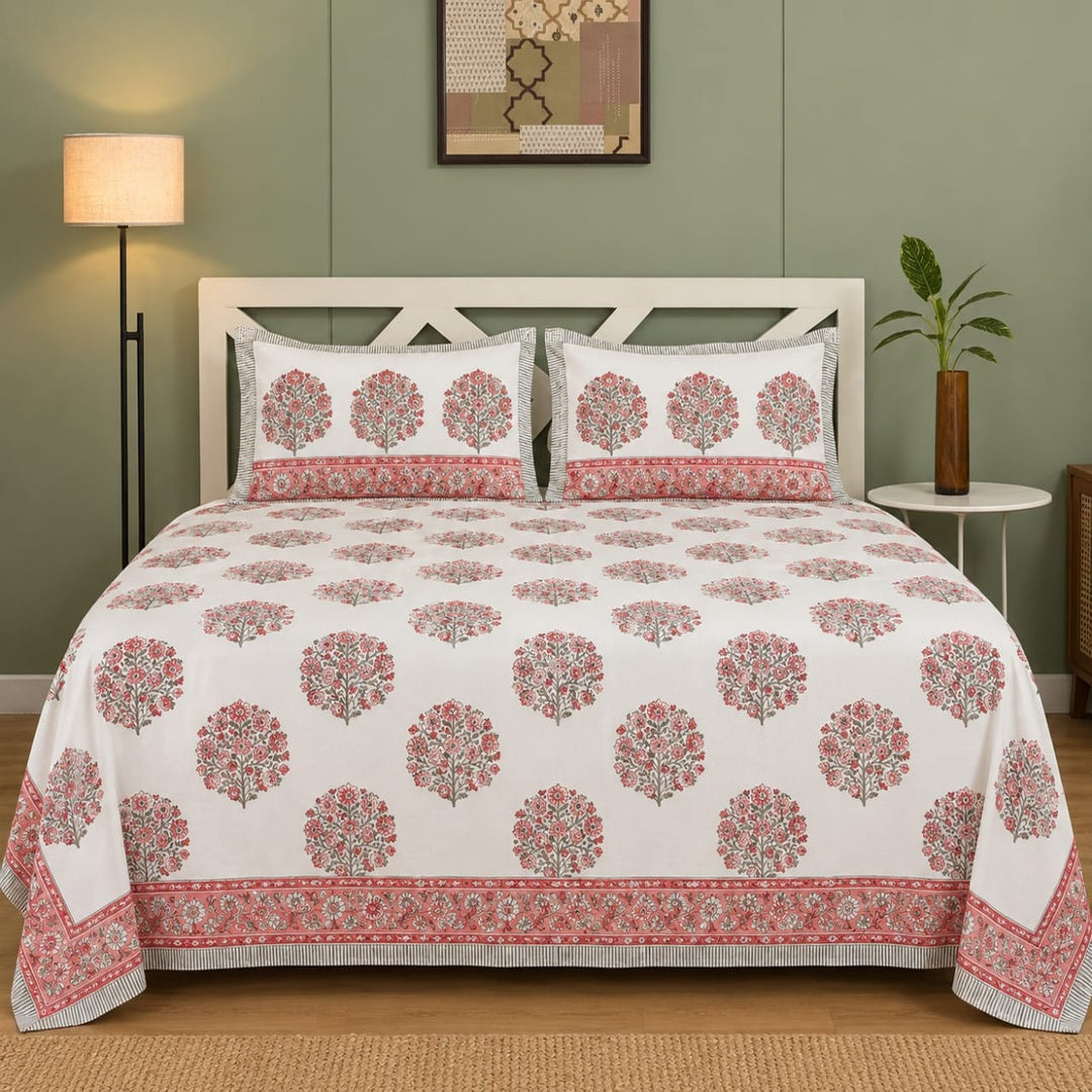 Blissful Pink & Grey Floral Hand Block Printed Super King-Size Cotton Bedsheet (400TC)