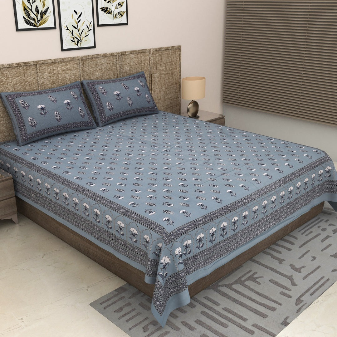 Sitara Elegant Blue & White Floral Printed King Size Pure Cotton Bedsheet Set