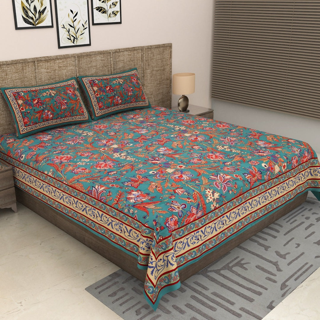 Sitara Elegant Teal Blue & Multicolor Floral Printed King Size Pure Cotton Bedsheet Set