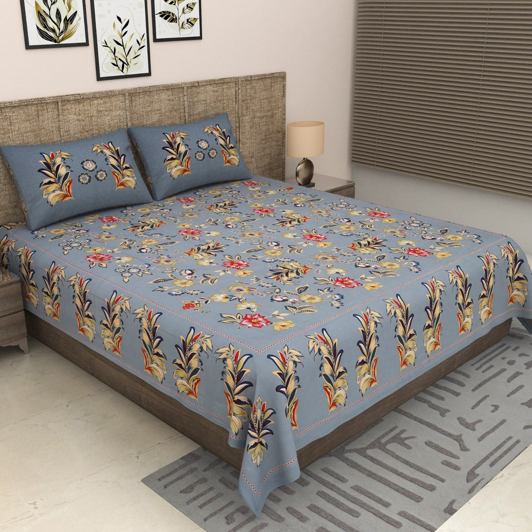 Sitara Elegant Slate Blue & Multicolor Floral Printed King Size Pure Cotton Bedsheet Set