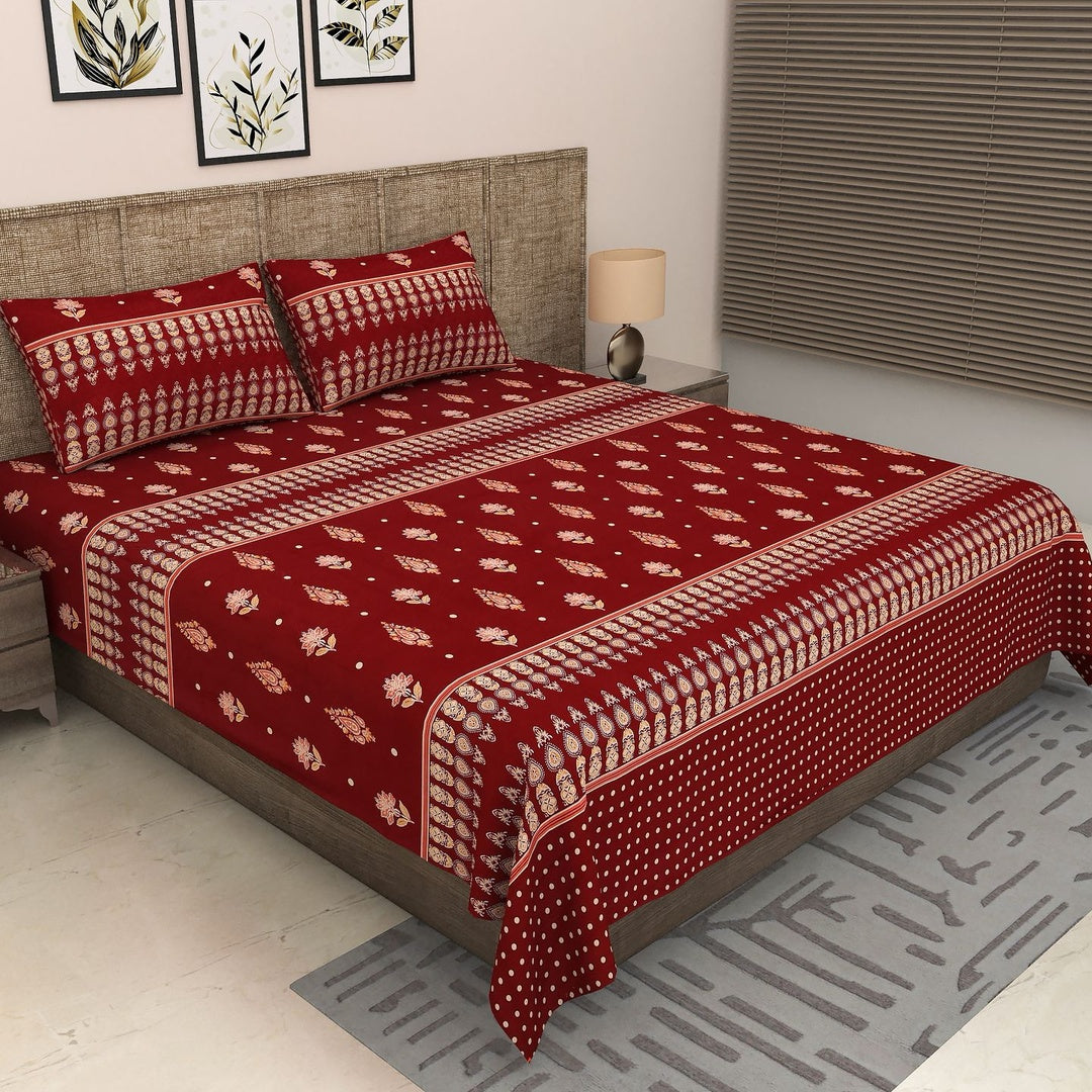 Sitara Elegant Maroon & Beige Paisley Printed King Size Pure Cotton Bedsheet Set