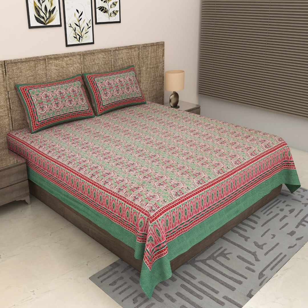 Sitara Elegant Green & Pink Floral Printed King Size Pure Cotton Bedsheet Set