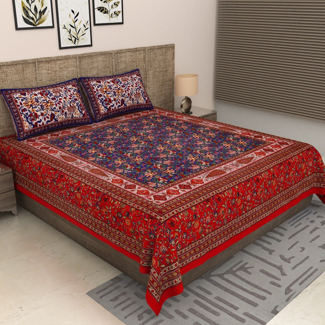 Sitara Elegant Red & Blue Floral Printed King Size Pure Cotton Bedsheet Set