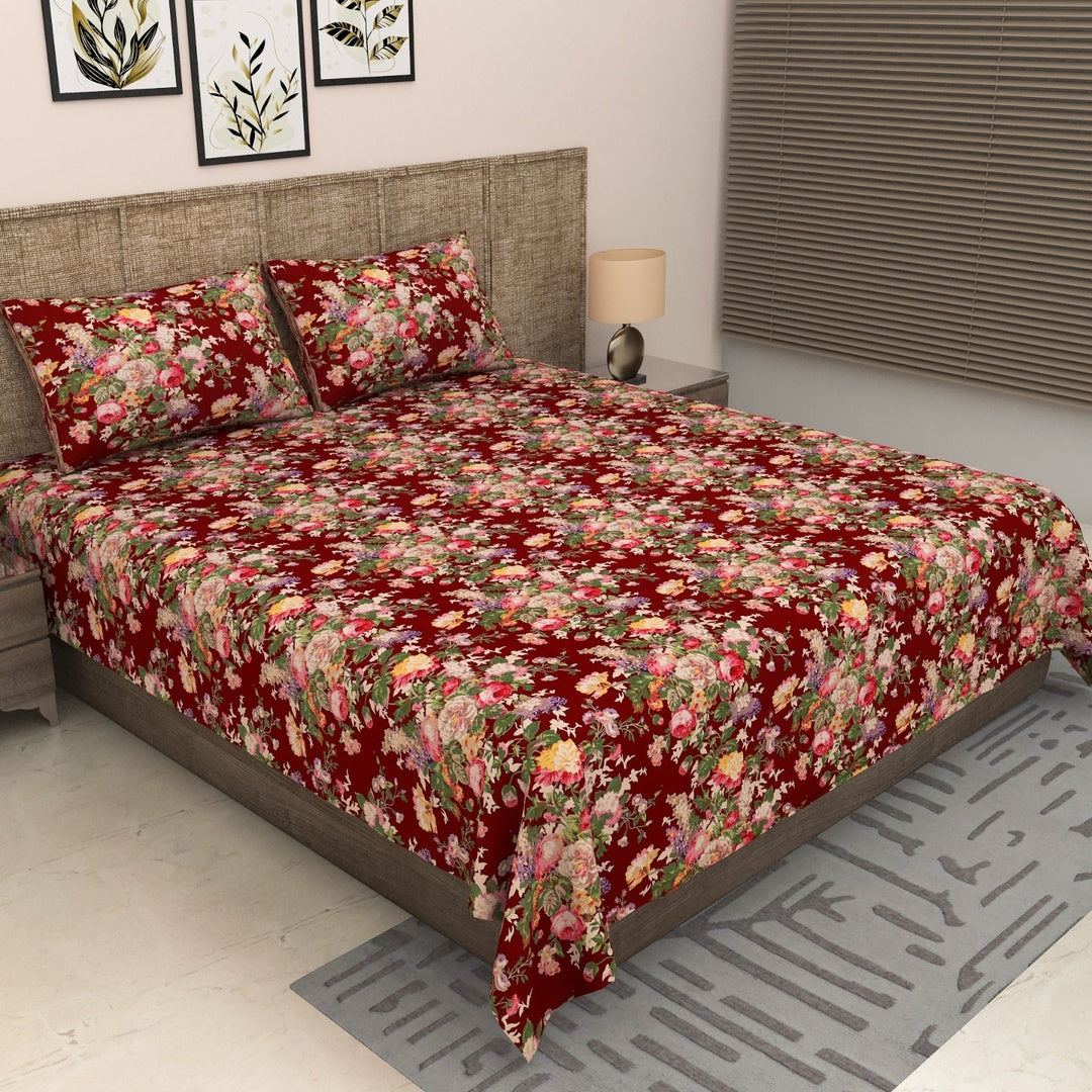 Sitara Elegant Maroon & Multicolor Floral Printed King Size Pure Cotton Bedsheet Set