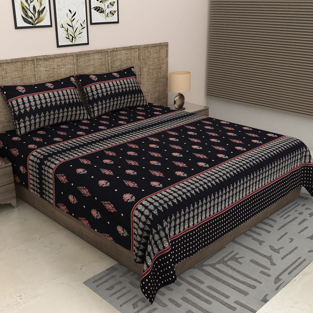 Sitara Black Floral & Paisley Block Print King Size Pure Cotton Bedsheet Set
