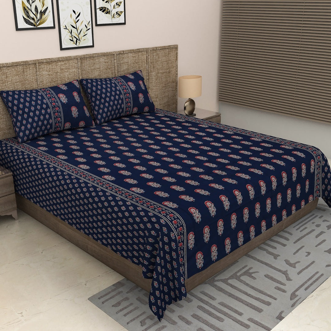 Sitara Elegant Navy Blue & Multicolor Paisley Printed King Size Pure Cotton Bedsheet Set