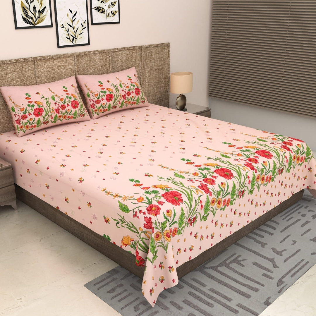 Sitara Pink Floral Border Print King Size Pure Cotton Bedsheet Set