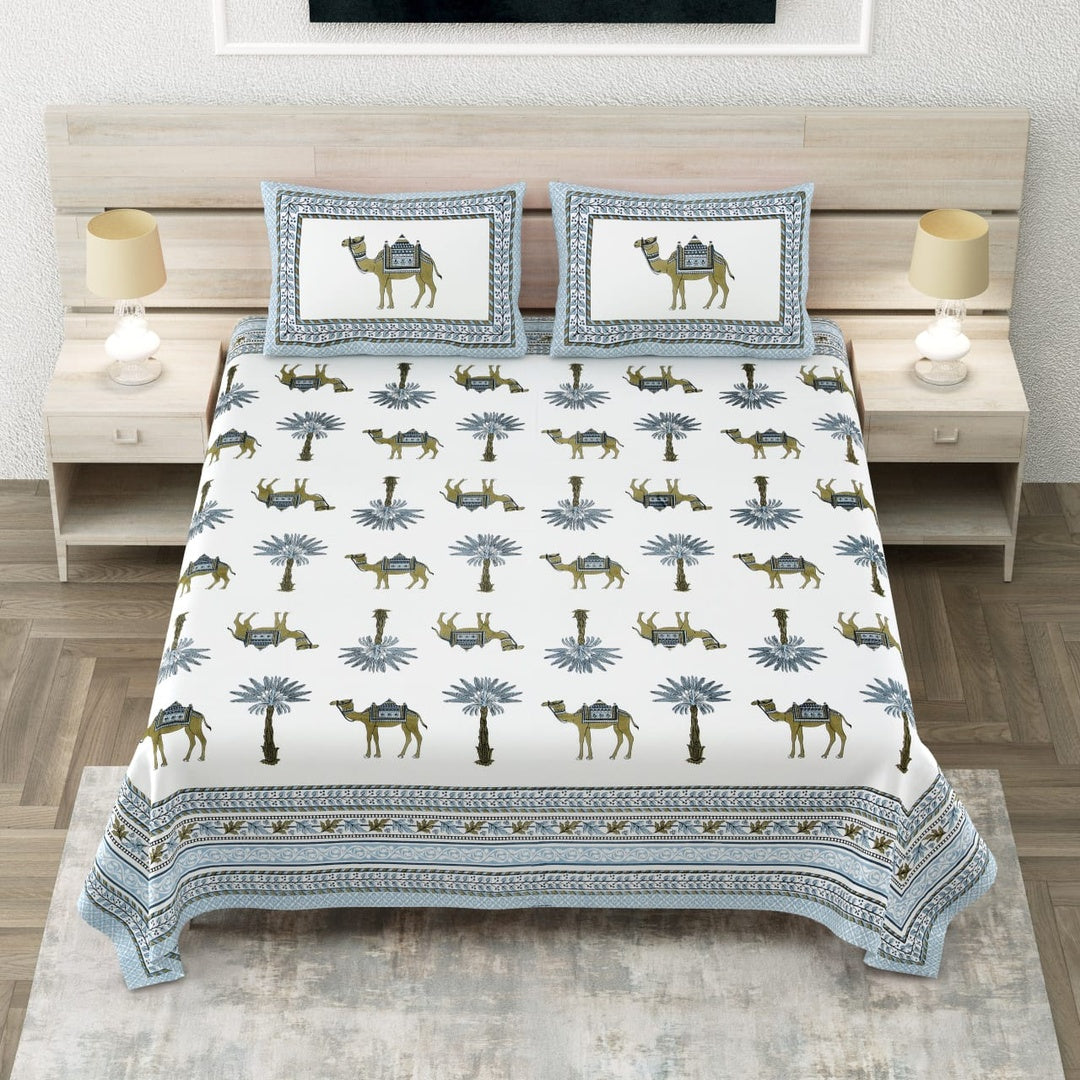 Mughlai Royal Camel & Palm Printed King Size Premium Cotton Bedsheet