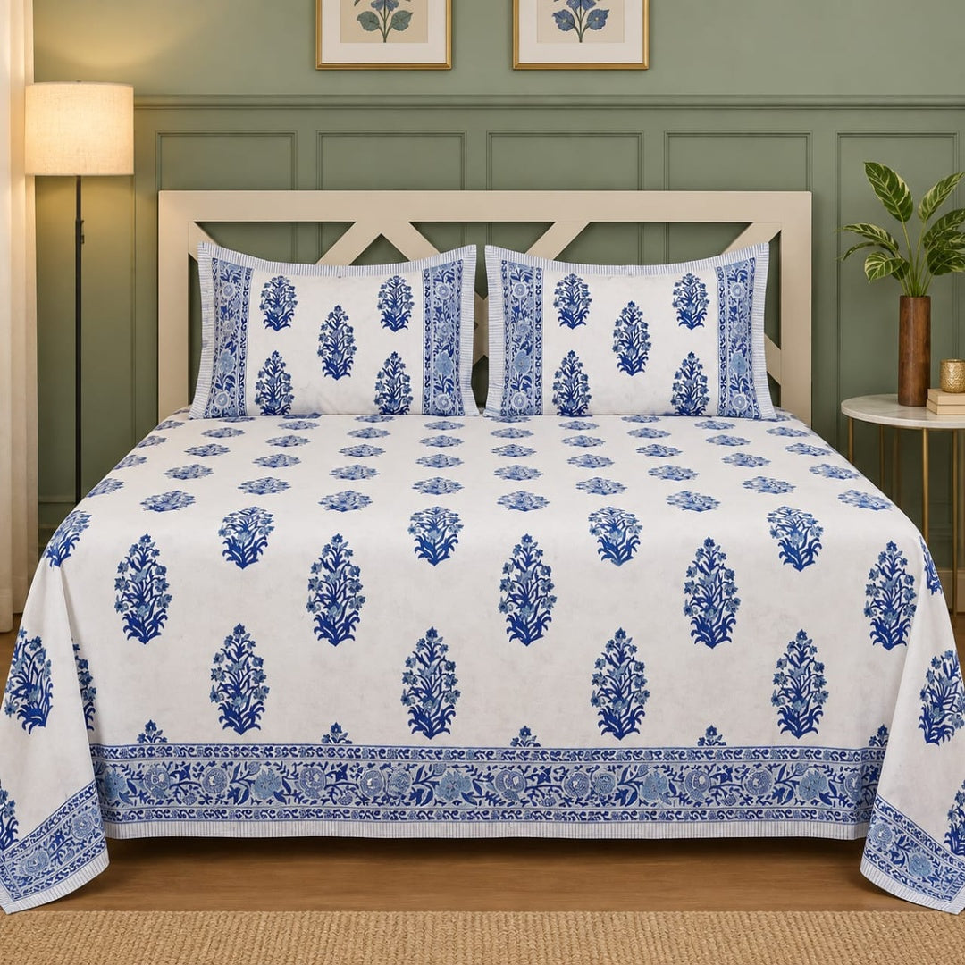 Blissful Blue Floral Hand Block Printed Super King-Size Cotton Bedsheet (400TC)