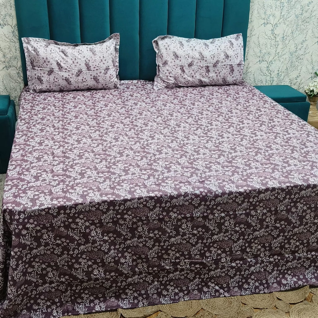 Petals Perra Mauve Floral Printed King Size Pure Cotton Bedsheet Set