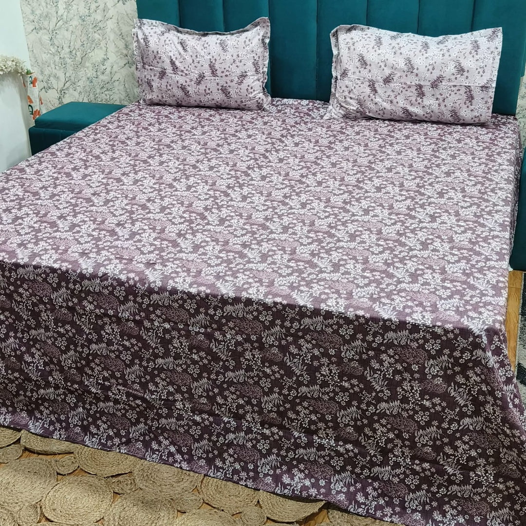 Petals Perra Mauve Floral Printed King Size Pure Cotton Bedsheet Set
