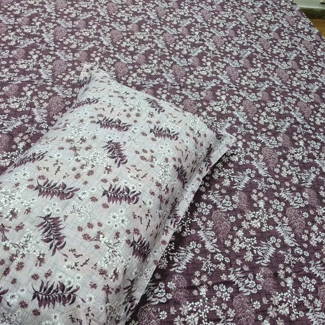Petals Perra Mauve Floral Printed King Size Pure Cotton Bedsheet Set