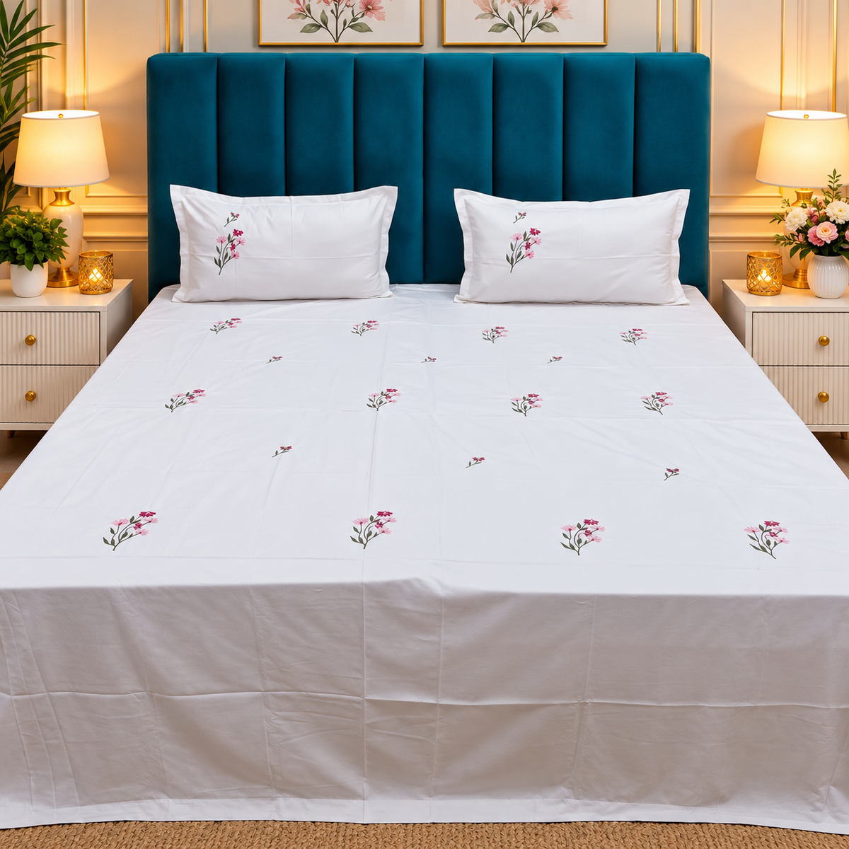 Floral Bloom Premium White & Pink Floral Embroidered King Size Pure Cotton Bedsheet Set