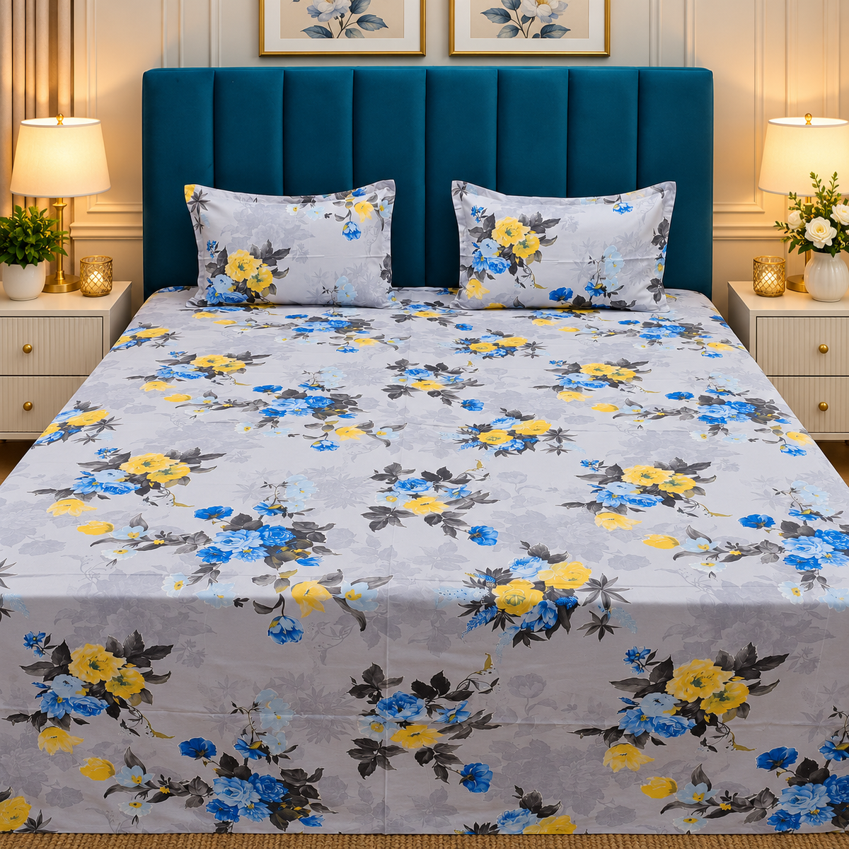 Glory Premium Grey, Blue & Yellow Floral Printed Pure Cotton King Size Bedsheet