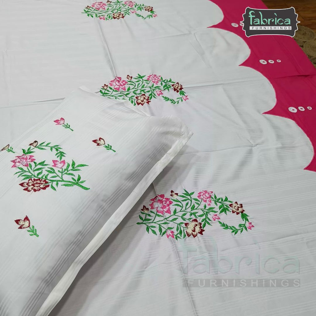 Premium Cotton King Size Bedsheet Set Elegant White & Pink Floral Design