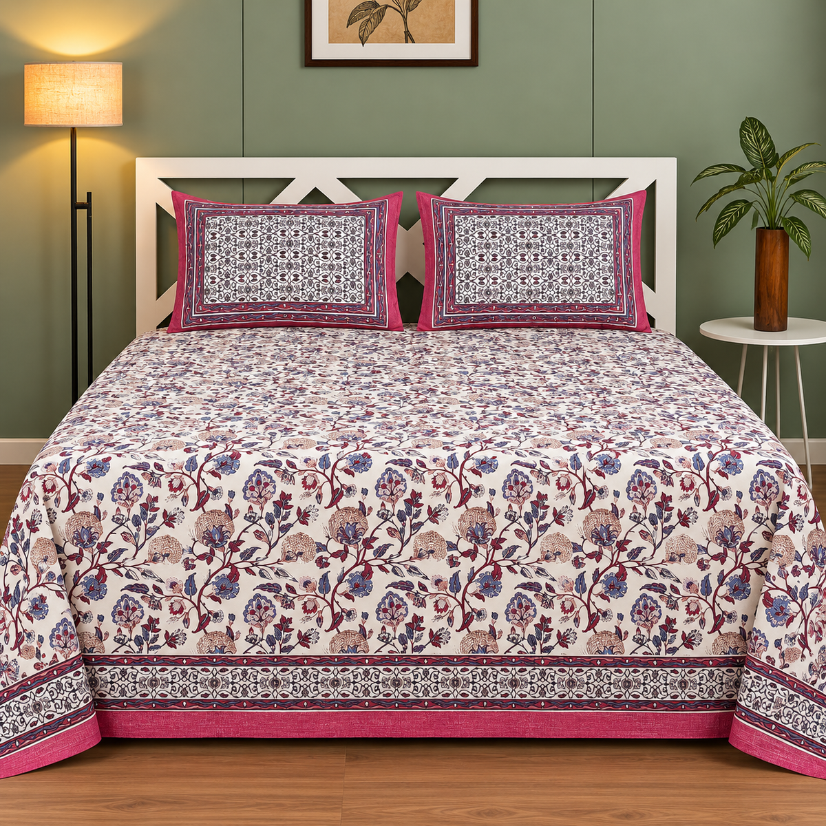 Mughal Utsav Premium Pure Cotton King Size White & Blue Floral Printed Bedsheet