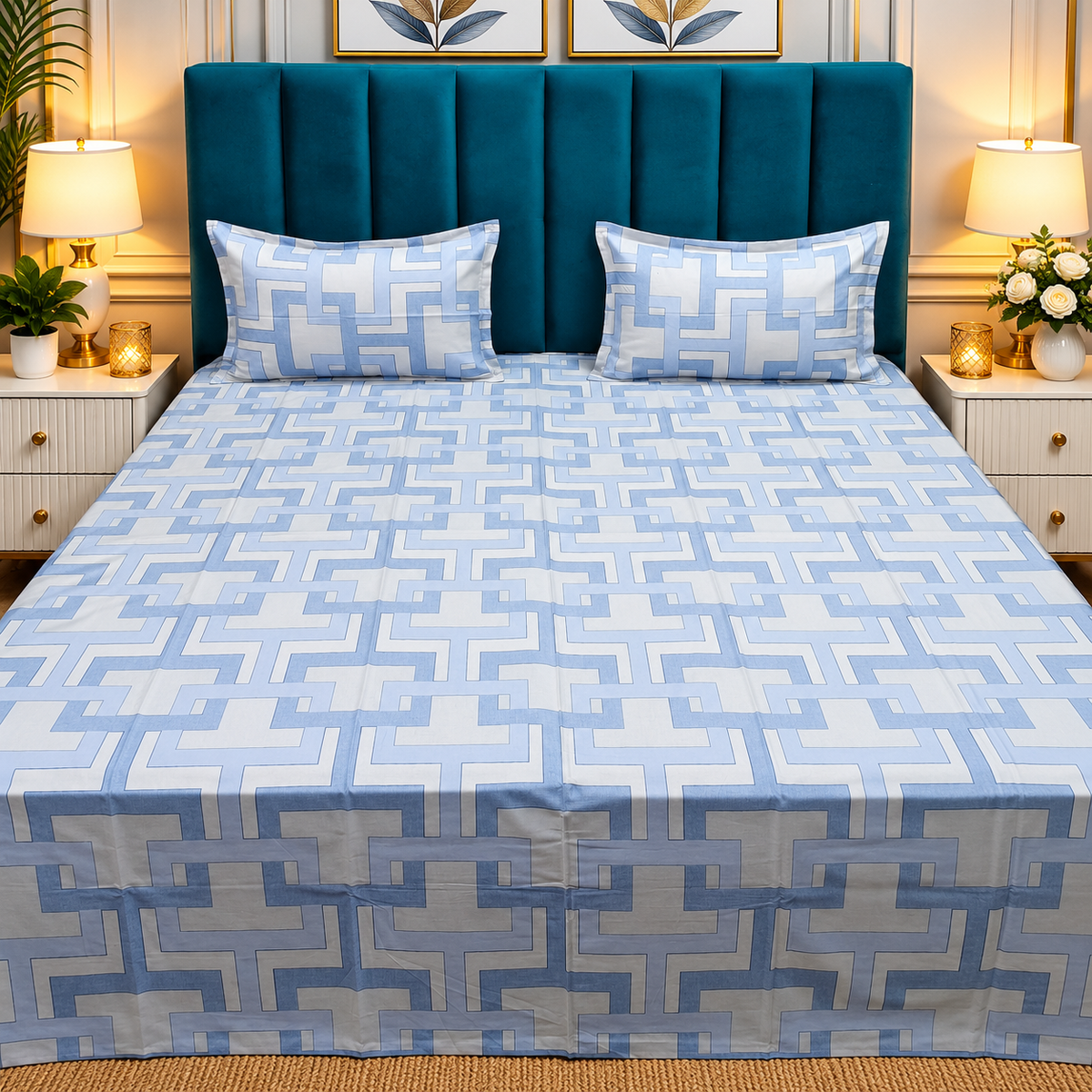 Procian Premium Light Blue & White Geometric Printed Pure Cotton King Size Bedsheet