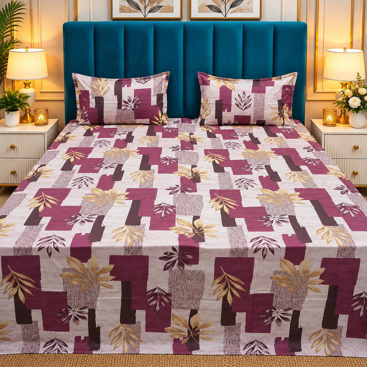 Procian Premium Maroon & Beige Abstract Printed Pure Cotton King Size Bedsheet