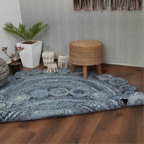 Handmade Braided Denim Rug in Circular Round with Small Circle Pattern - 3.5x3.5 Feet (105x105 cm)