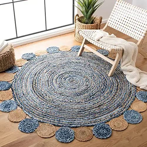 Handmade Braided Jute & Denim Rug in Circular Round with Small Circle Pattern - 3.5x3.5 Feet (105x105 cm)