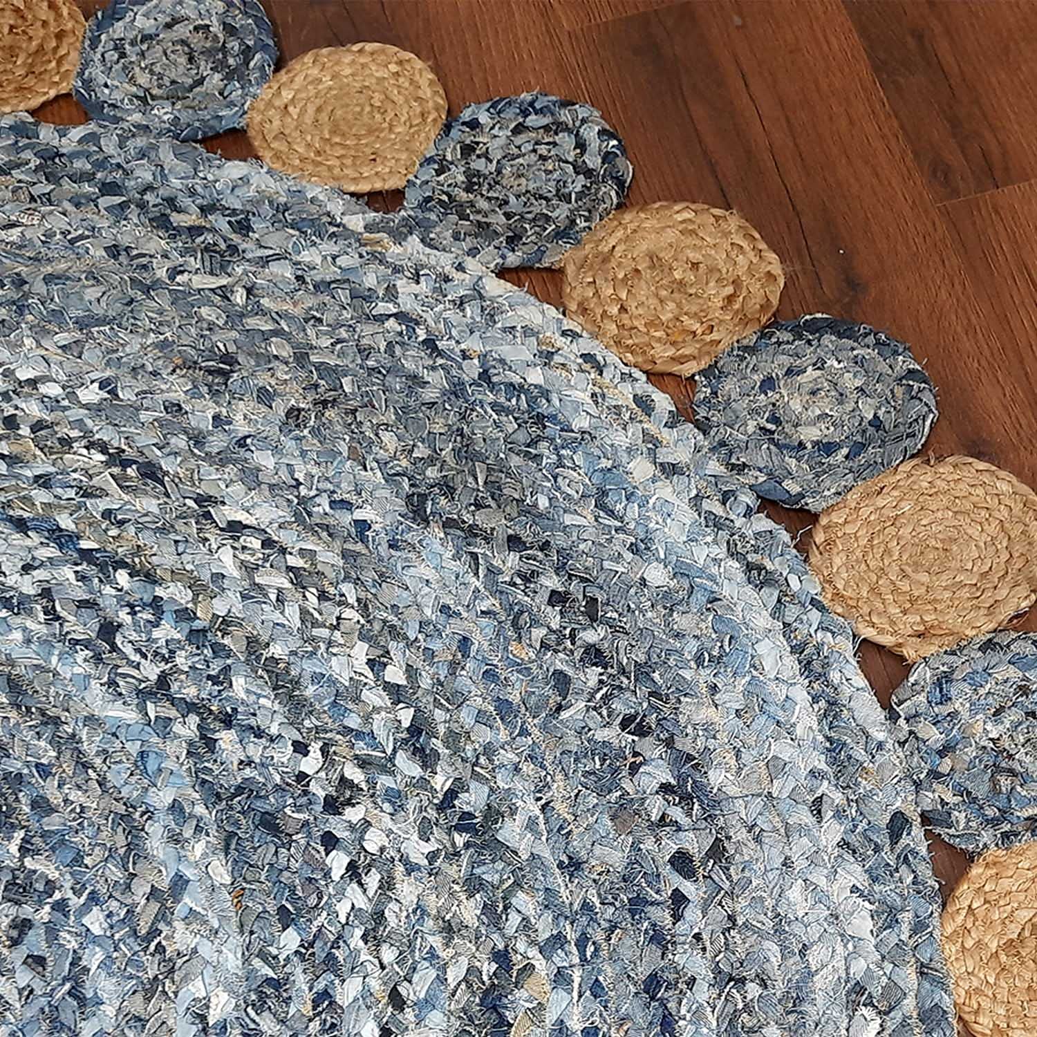 Handmade Braided Jute & Denim Rug in Circular Round with Small Circle Pattern - 3.5x3.5 Feet (105x105 cm)