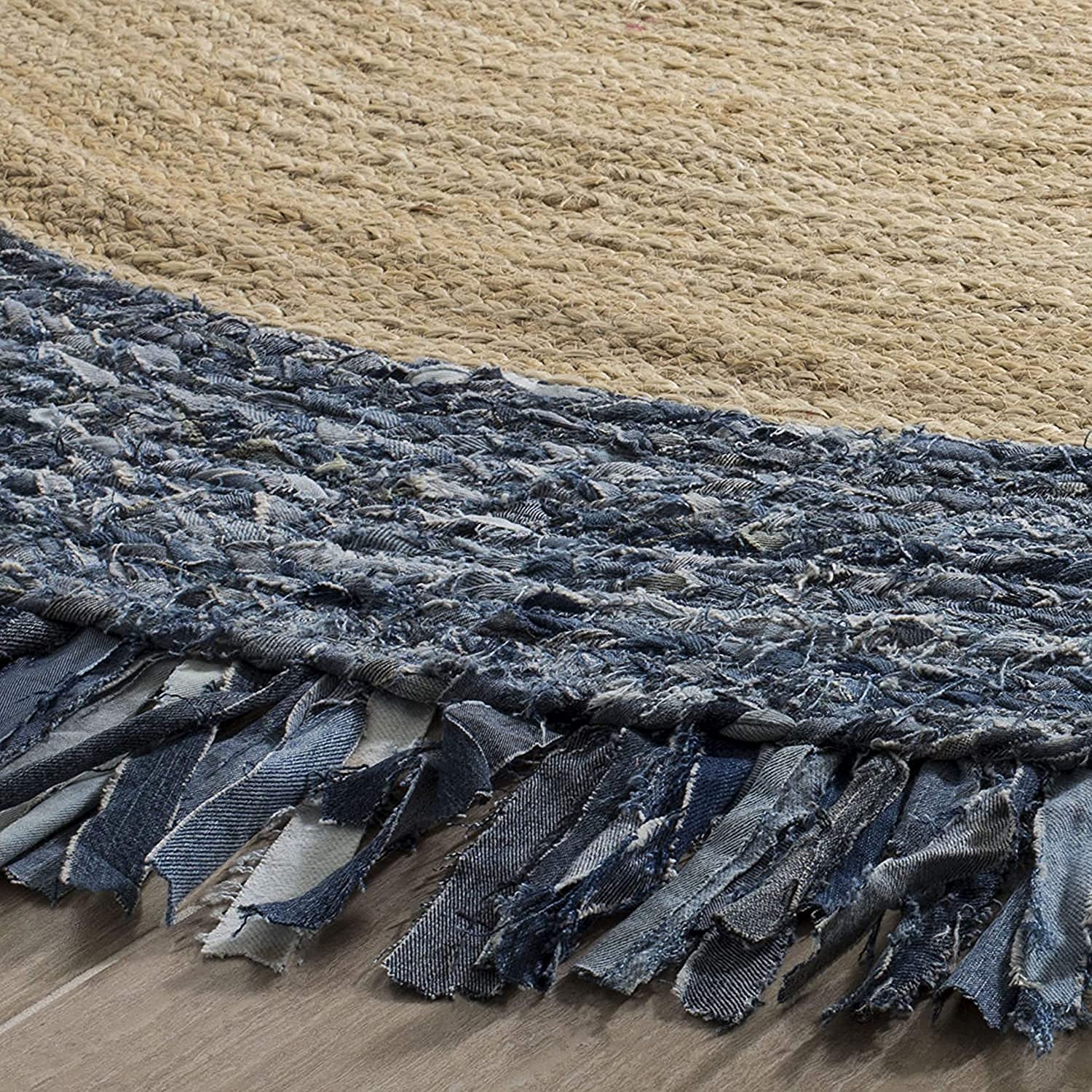 Handmade Braided Jute & Denim Rug in Round with Small Circle Pattern
