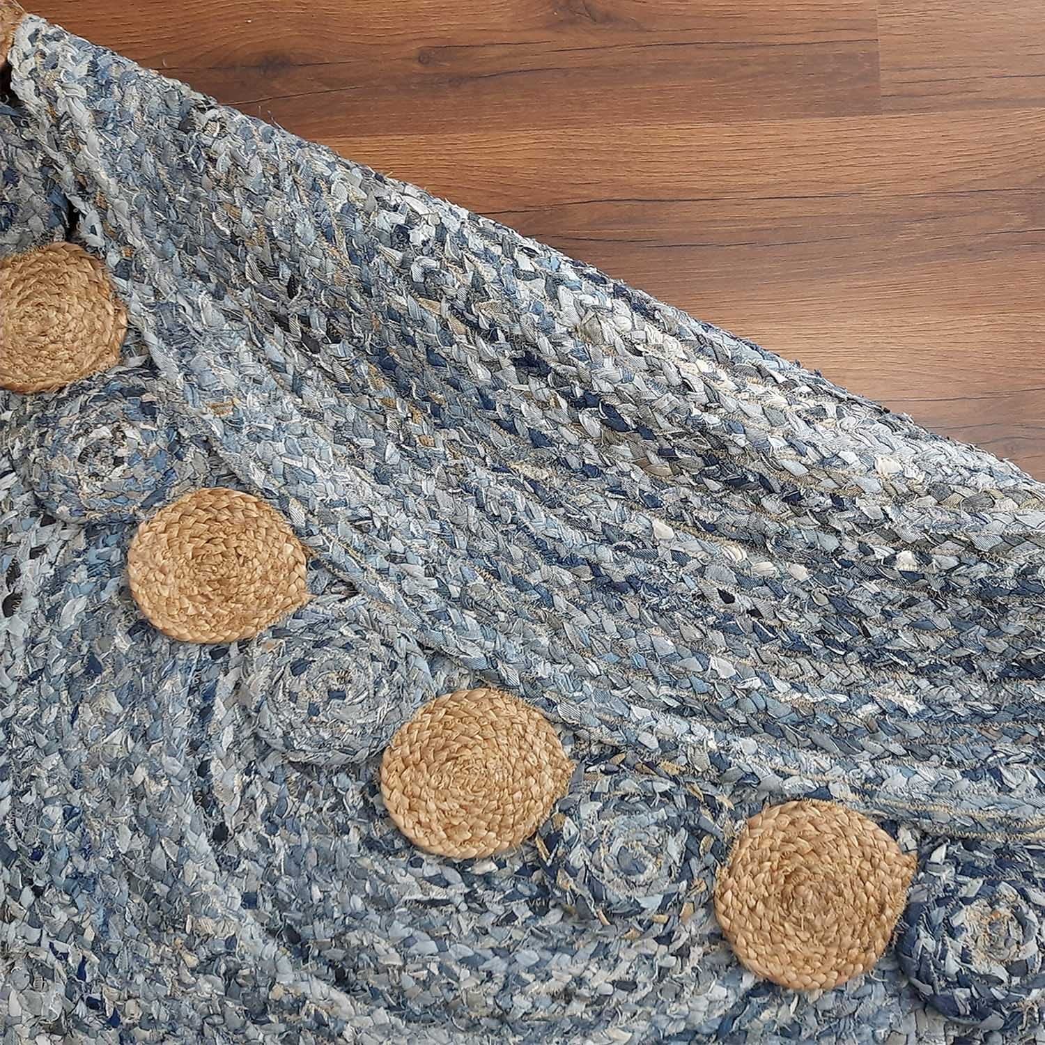Handmade Braided Jute & Denim Rug in Circular Round with Small Circle Pattern - 3.5x3.5 Feet (105x105 cm)