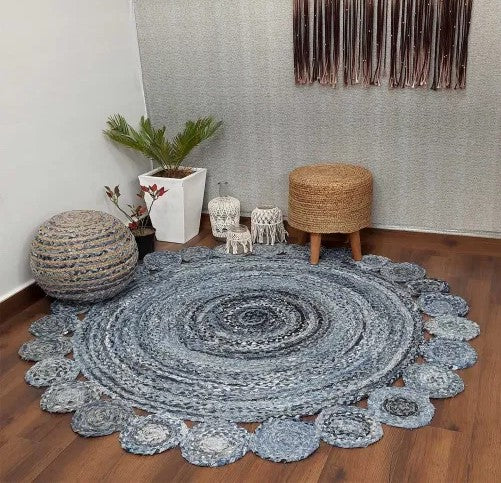 Handmade Braided Denim Rug in Circular Round with Small Circle Pattern - 3.5x3.5 Feet (105x105 cm)