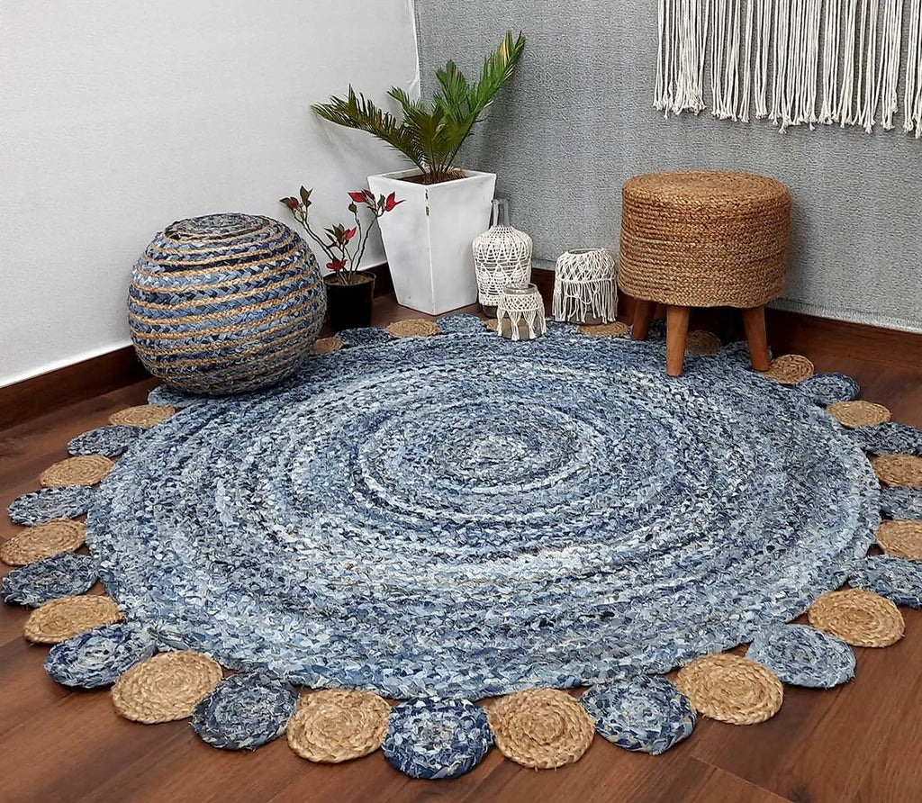 Handmade Braided Jute & Denim Rug in Circular Round with Small Circle Pattern - 3.5x3.5 Feet (105x105 cm)