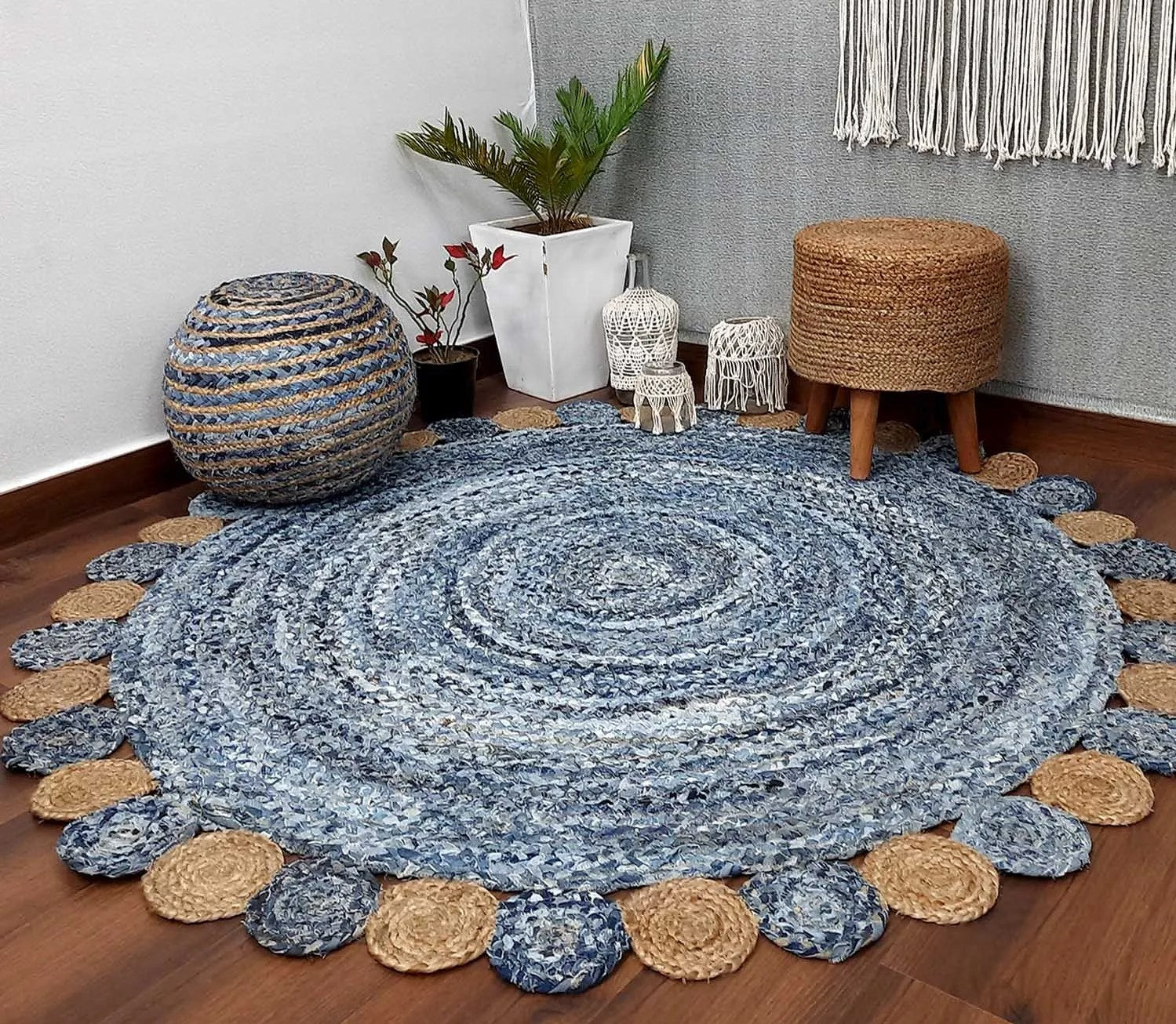 Handmade Braided Jute & Denim Rug in Circular Round with Small Circle Pattern - 3.5x3.5 Feet (105x105 cm)