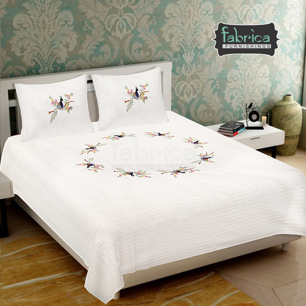 Peacock Embroider White Double Bed King Size Bed Sheets