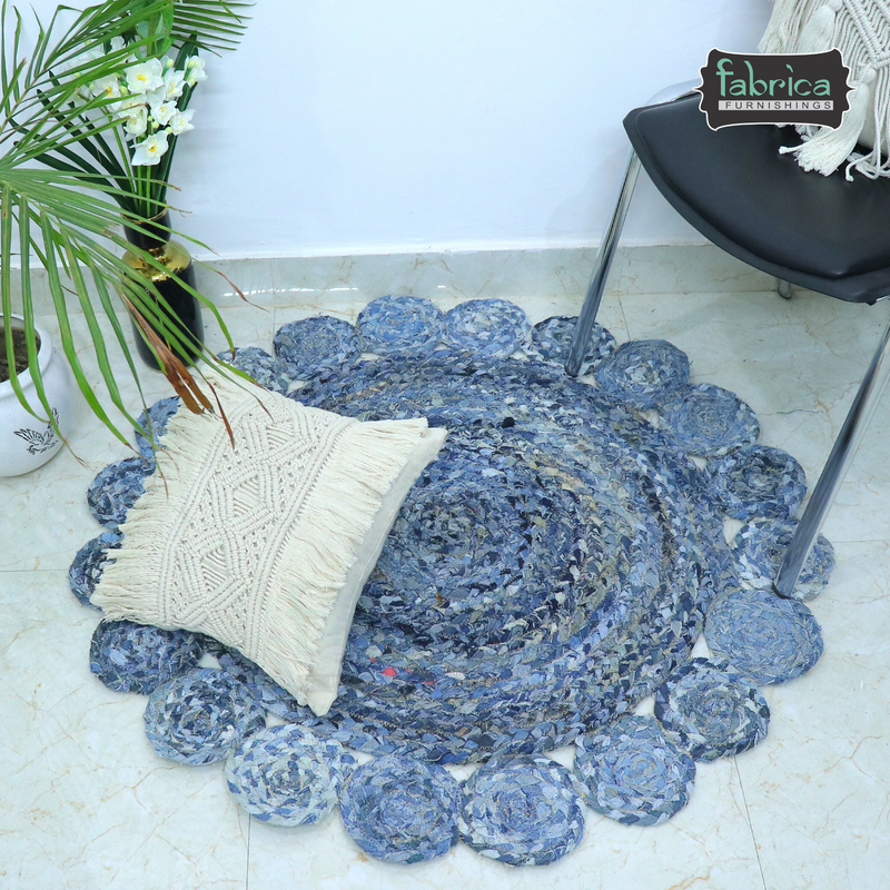 Handmade Braided Denim Rug in Circular Round with Small Circle Pattern - 3.5x3.5 Feet (105x105 cm)