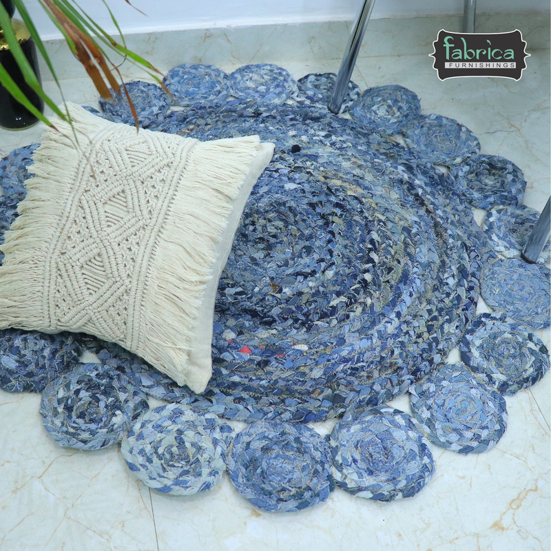 Handmade Braided Denim Rug in Circular Round with Small Circle Pattern - 3.5x3.5 Feet (105x105 cm)