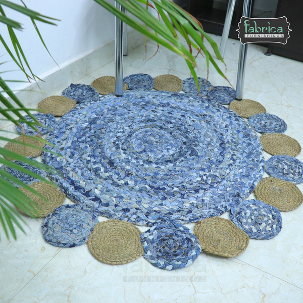 Handmade Braided Jute & Denim Rug in Circular Round with Small Circle Pattern - 3.5x3.5 Feet (105x105 cm)